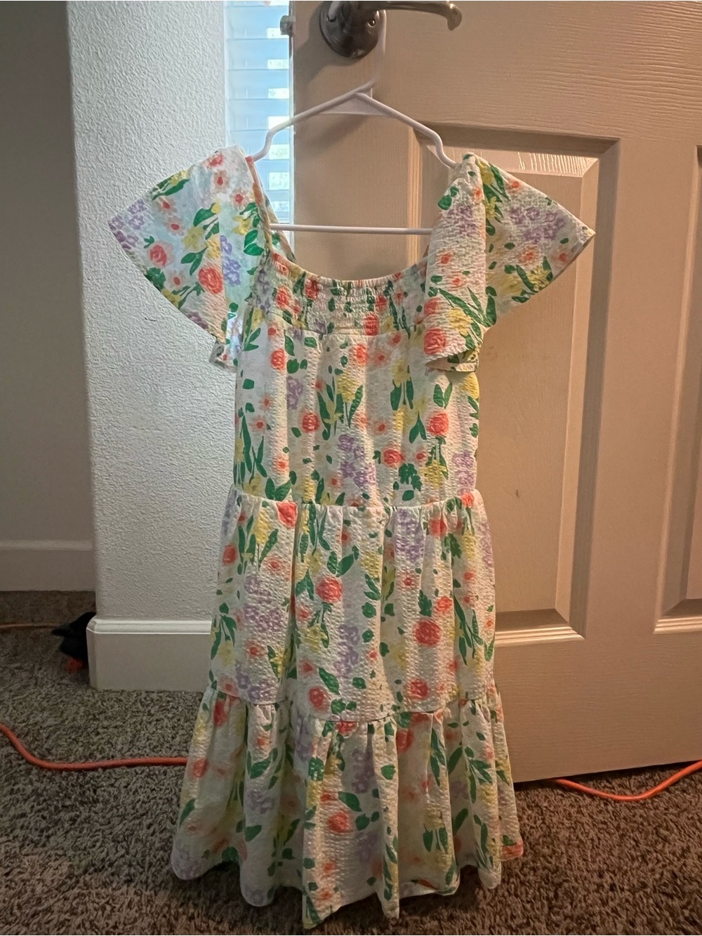 Target White Floral Tiered Sundress with Green Leaves and Pink Accents